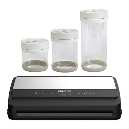 VacMaster SideKick vacuum sealer with vacuum canister set bundle including small 16.91 oz, medium 27.05 oz, and large 44 oz canisters for airtight food storage.