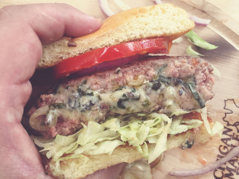 Juicy Lucy Stuffed with Sharp Cheddar Cheese, Morel, and Ramp "Velveeta"