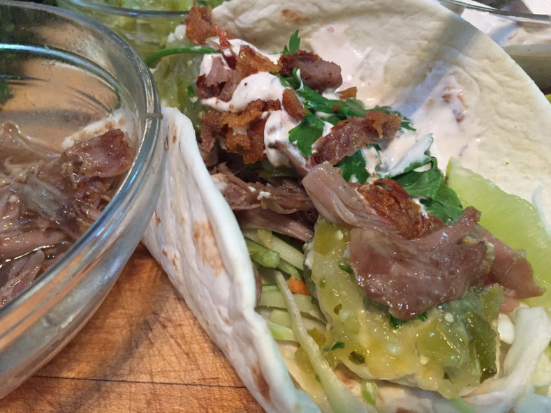 Duck Tacos with Tomatillo Salsa & Chipotle Cream 