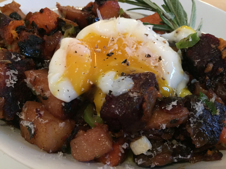 Sweet Potato Hash with 48 Hour Slab Bacon & Eggs