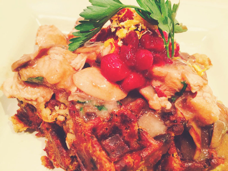 Thanksgiving Leftovers- Crispy Stuffing Waffles Covered In a Creamy Turkey and Mushroom Gravy With Cranberry Sauce