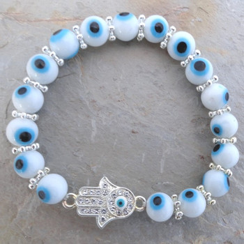 Hamsa Eye  White  Round Bead Stretch Bracelet 