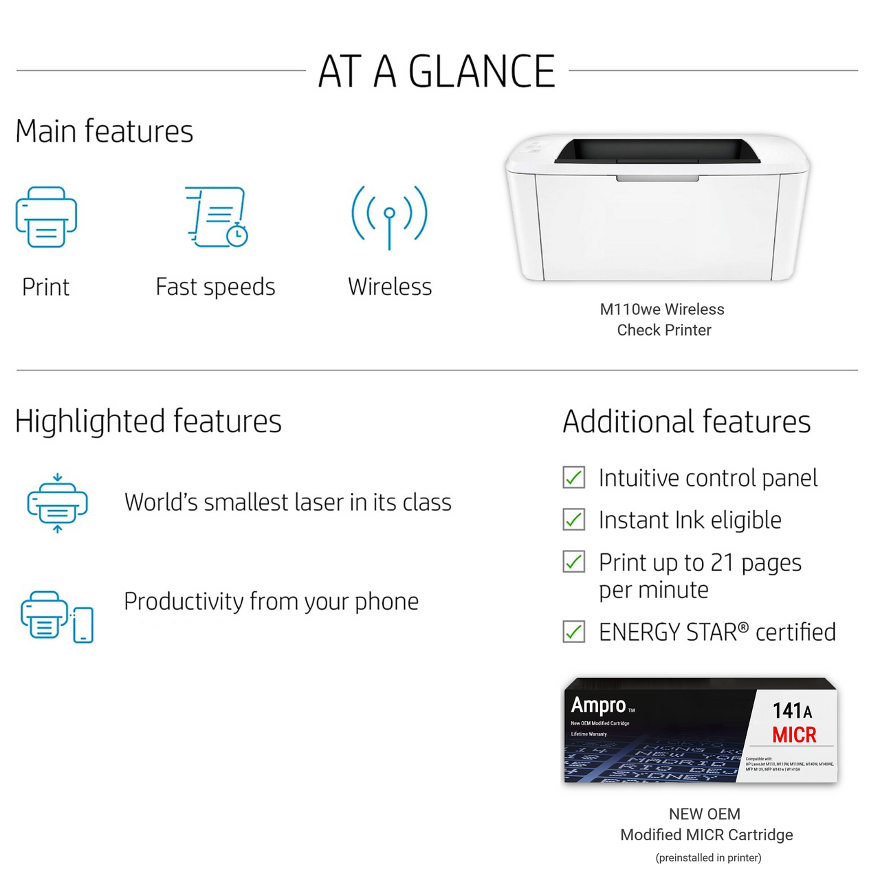 Ampro Laser M110we Wireless Check Printer Bundle with 1 OEM Modified 141A  MICR Toner Cartridge for Check Printing (2 Items)