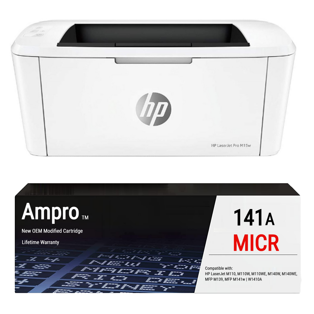 Ampro Laser M110we Wireless Check Printer Bundle with 1 OEM Modified 141A  MICR Toner Cartridge for Check Printing (2 Items)