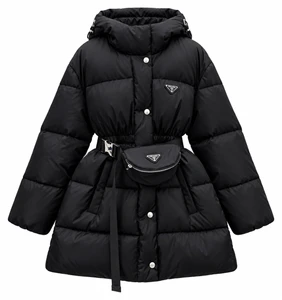 Black Quilted Puffer Coat with Belt Bag