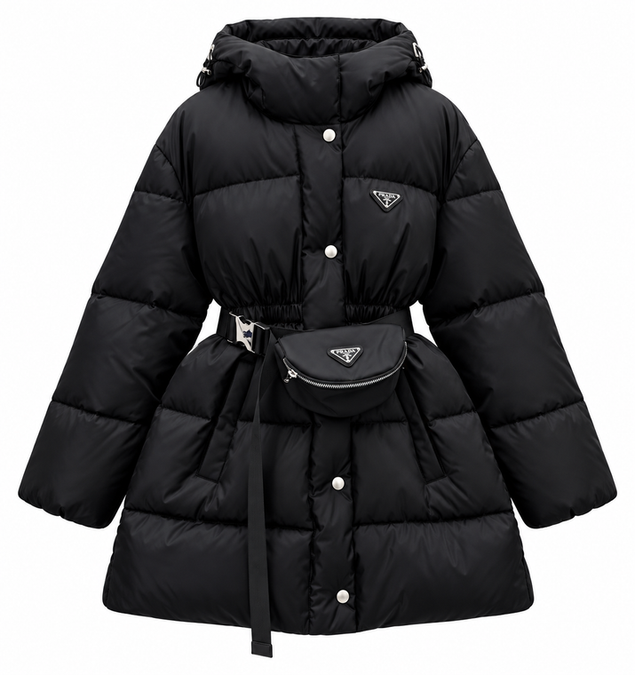 Black Quilted Puffer Coat with Belt Bag