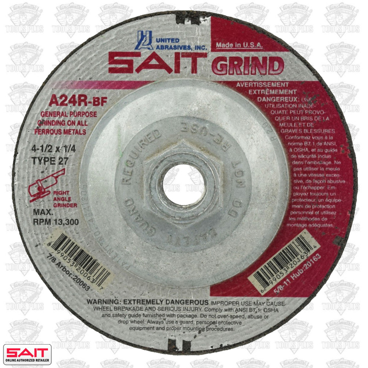 Sait 20163 4-1/2" x 5/8"-11 x 1/4" Metal Cutting Grind Wheel QTY-10