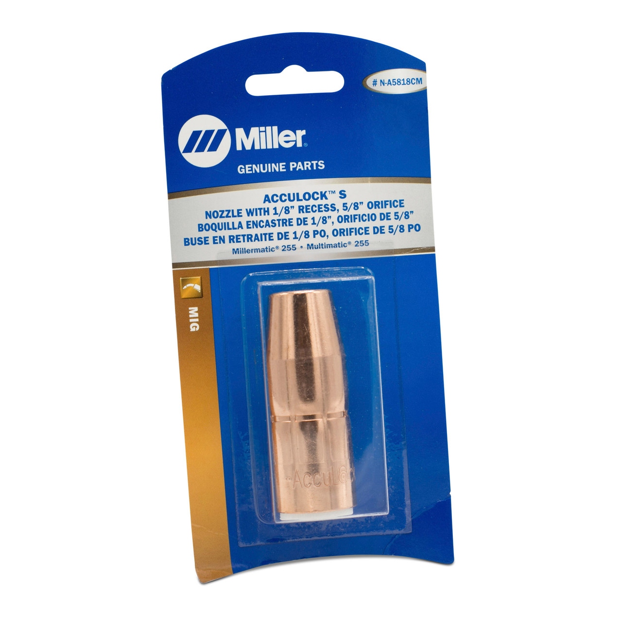 Miller N-A5818CM AccuLock™ S Large Thread-On Nozzle, 5/8" Orifice, 1/8" Tip Recess, Copper (Miller blister pack, 1 per pkg)