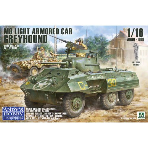 Andy's Hobby Headquarters x Takom 1/16 Scale M8 Greyhound US Light Armored Car with Metal Barrel and Full Body Figure Model Kit