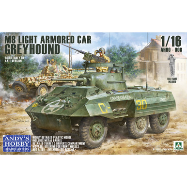 Andy's Hobby Headquarters x Takom 1/16 Scale M8 Greyhound US Light Armored Car with Metal Barrel and Full Body Figure Model Kit