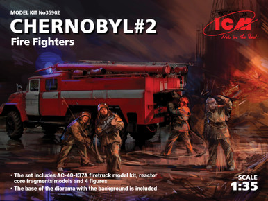 ICM 1/35 Chernobyl #2 Fire Fighters (AC-40-137A Firetruck, 4 Figures, Diorama Base with Background)