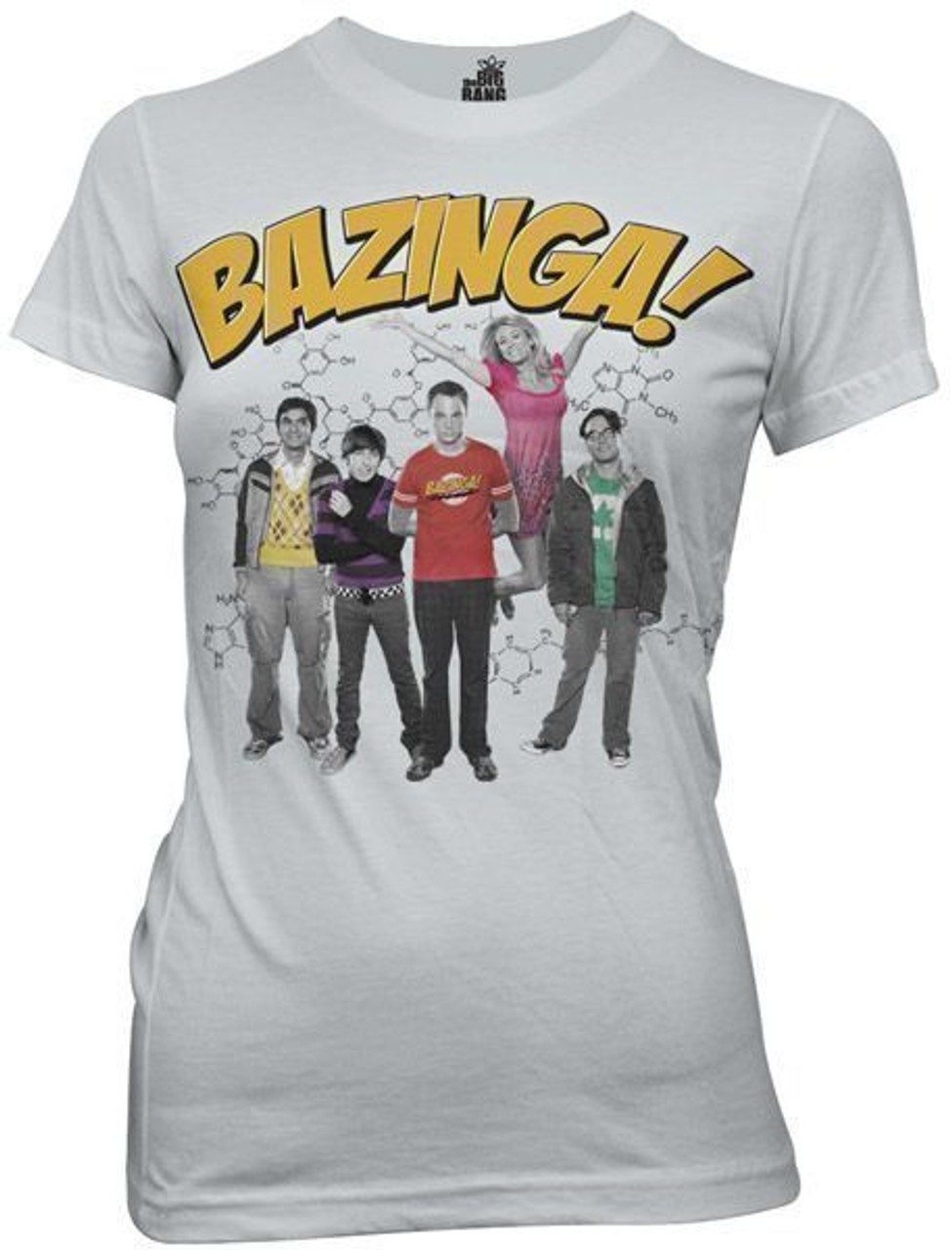 vragenlijst Mis Rudyard Kipling Juniors Big Bang Theory Bazinga w/ Cast T-Shirt