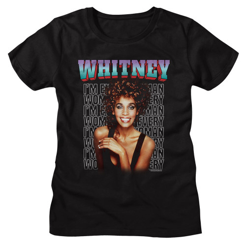 Whitney Houston Every Woman Stacked Ladies T-Shirt - Black