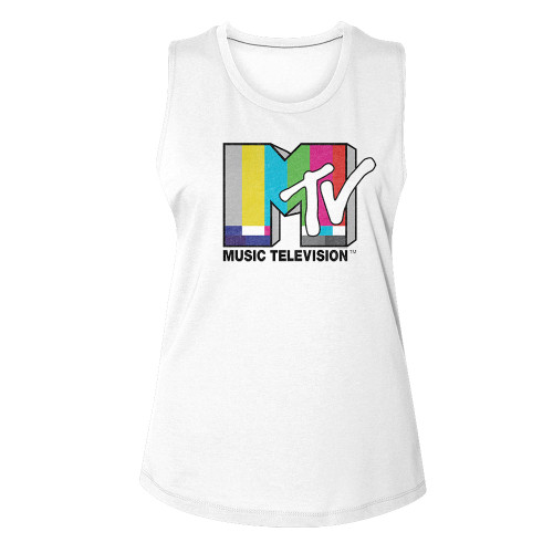 MTV Test Card Logo Ladies Muscle Tank - White