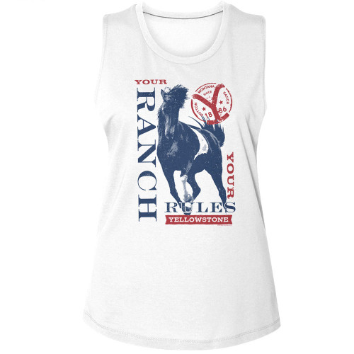 Yellowstone Your Ranch Your Rules Ladies Muscle Tank - White