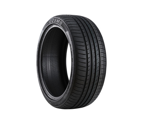 Cosmo MuchoMacho tire close-up showing asymmetrical tread pattern and wide circumferential grooves for superior wet traction