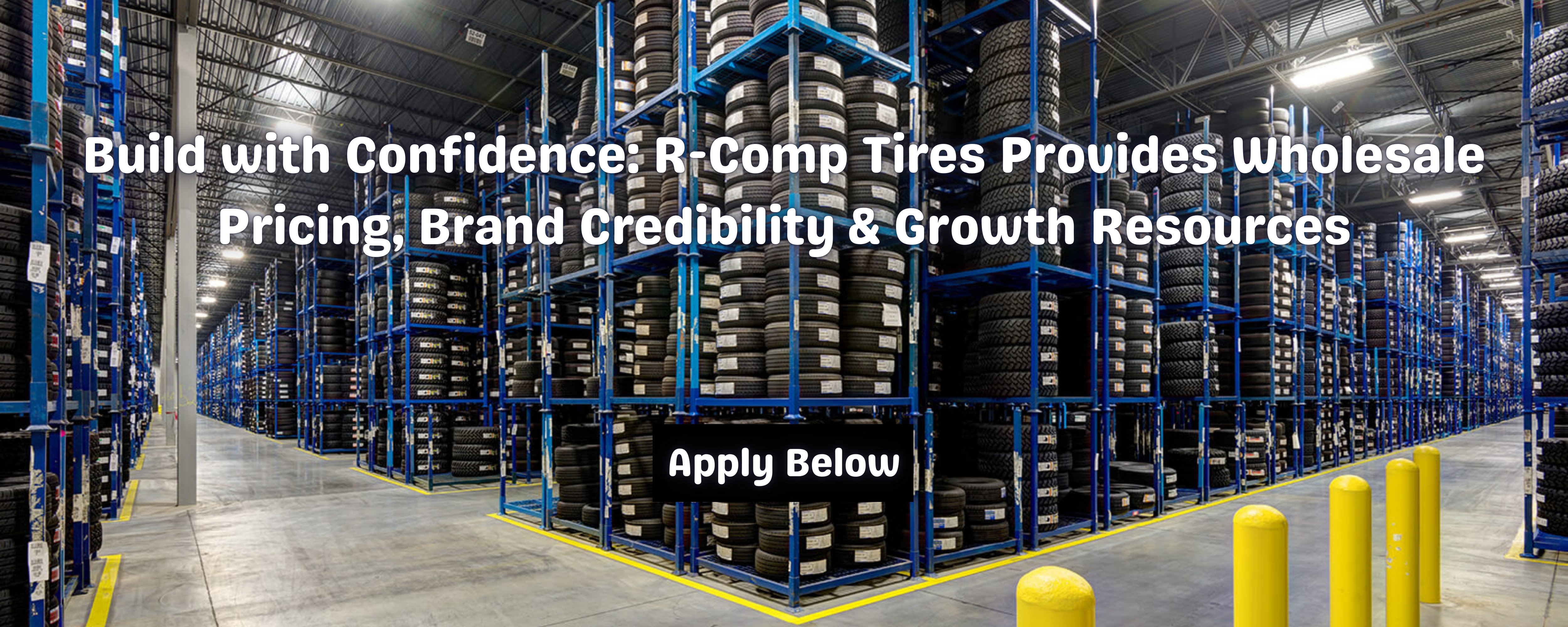 Authorized R Comp Tires Dealer Program hero banner showcasing business partnership and premium tire imagery, highlighting exclusive pricing, strategic growth, and higher profit margins for dealers.