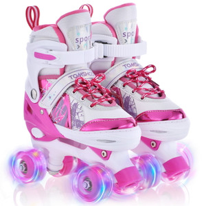 TOMSHOO Adjustable Size Roller Skates for Kids with Light Up Wheels, Pink Large