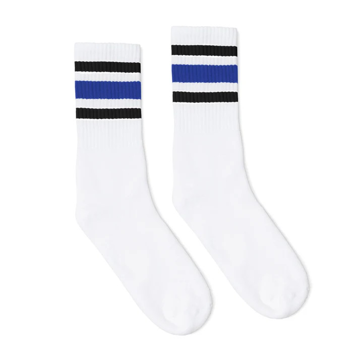 SOCCO | Knee High Socks
White with Black and Blue Stripes