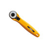 OLFA 28mm Quick-Change Rotary Cutter with a vibrant yellow handle, black grip, and silver blade, isolated on a white background.