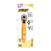 OLFA 28mm RTY-1/C Quick-Change Rotary Cutter packaging, highlighting the yellow cutter with a 28mm blade, quick-change feature diagram, and lifetime warranty seal.