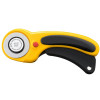 OLFA Deluxe Ergonomic 45mm Rotary Cutter with a vibrant yellow handle, black grip, and silver blade, isolated on a white background.