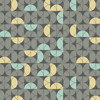 Andover's Rancho Relaxo: Keyline Fabric -  features a structured layout of half circles in pale grey, yellow and turquoise against a dark grey background