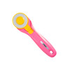 OLFA 45mm Quick-Change Rotary Cutter with a pink handle, yellow grip, and silver blade. Pictured with safety pulled back.