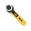 Front view of the OLFA Straight Handle 45mm Rotary Cutter with yellow body and durable tungsten steel blade, ideal for versatile crafting needs.