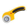 OLFA Deluxe Ergonomic 60mm Rotary Cutter with a vibrant yellow handle, black grip, and silver blade, shown with safety guard open.