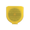 Yellow OLFA plastic container for safe storage and disposal of 28mm rotary blades with cautionary text embossed