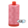 Large spool of Aurifil Flamingo 50wt Egyptian cotton thread, pink variegated with Aurifil Logo