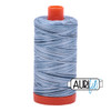 Large spool of Aurifil Stonewash Blues 50wt Egyptian cotton thread, blue variegated with Aurifil logo