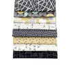 The image shows the 6 Canary Yellow cascading fabric squares with geometric patterns in black, grey and mustard. Bold shapes contrast with subtle designs, presenting a textured and varied assortment from the Rancho Relaxo series.