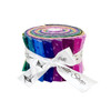 Atomic 2½ inch fabric strips jelly roll by Andover Fabrics, showcasing 18 unique colours, secured with a white Morris Works ribbon.