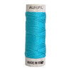 Aurifil 8wt cotton thread in Bright Turquoise (colour 5005), shown on white wooden spool