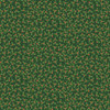 Dark green cotton fabric with small-scale holly sprigs, red berries, and metallic gold dots from Makower’s Jolly St Nick collection