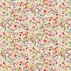 Cream background Christmas fabric featuring multicoloured festive icons — baubles, holly, stars, sweets, birds and gold accents — from Makower UK