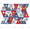 Christmas Bunting fabric panel by Nutex with 30 triangle flags featuring robins, foxes, mushrooms, reindeer, and festive motifs in red, blue, and white