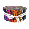Phantasm 2.5" strip roll by Libs Elliott for Andover Fabrics – rolled bundle of WOF strips in pink, orange, lime, purple, grey and black with graphic motifs.