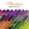 Phantasm by Libs Elliott fabric selection fanned out showing neon brights with noir motifs—stripes, marble swirls, bats, butterflies and splatter textures.