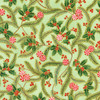 Robert Kaufman Fabrics Peppermint Twist “Peppermint Holly Sage” — sage green with holly leaves, berries, evergreen sprigs and red peppermint sweets, gold metallic accents.