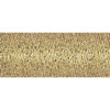 Close-up of gold metallic effect thread showing fine shimmering filaments.