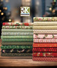 Robert Kaufman Peppermint Twist fabric stack; metallic Christmas prints in red, green, cream and black featuring holly, candy canes, poinsettias, stripes, snowflakes and geo trees.