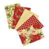 Candy Cane Lane Peppermint Twist Fat Quarter Bundle — five 20x22" pieces showing cream holly sprigs, red peppermint wreaths, cream feather scrolls, crimson candy-cane scallop and cream poinsettia print with metallic accents.