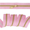 Close-up of gold coil on Pink Stripe tape with teardrop pull attached