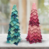 Pair of no-sew fabric trees in prints from Northcott's Shimmer collection in turquoise and pink colourways.