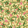 Robert Kaufman Fabrics Peppermint Twist “Peppermint Holly Cream” — cream background with holly leaves, berries, evergreen sprigs and red peppermint sweets, gold metallic accents.