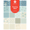 Sewing Bird fabric samples by Laundry Basket Quilts for Andover Fabrics, traditional patchwork motifs in soft blue and neutral tones.