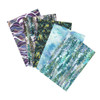 Hill Shine Evergreen Highlands fat quarter bundle by Robert Kaufman featuring green, blue, and purple quilting fabrics with woodland trees, mountain motifs, sky prints, and metallic highlights